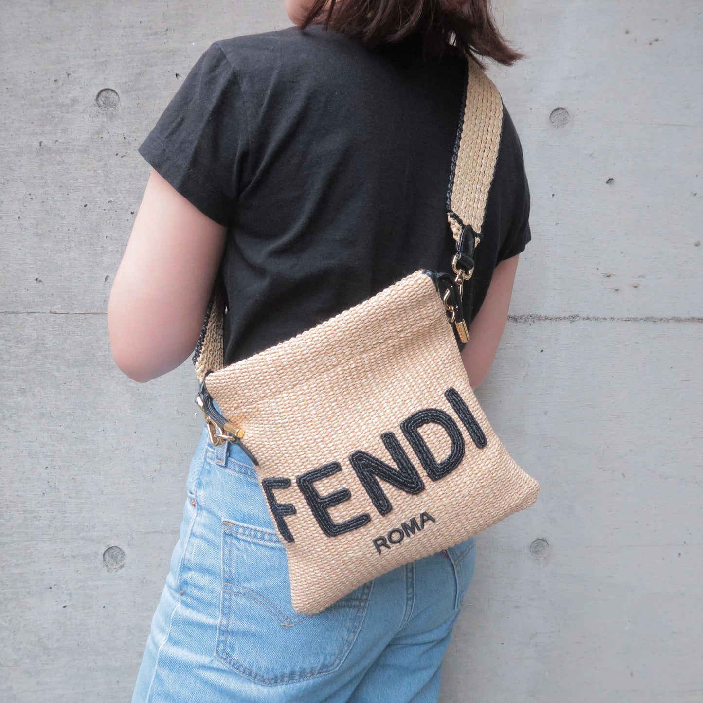 Fendi Straw Purse, Shoulder Bag. Black with Gold Studs