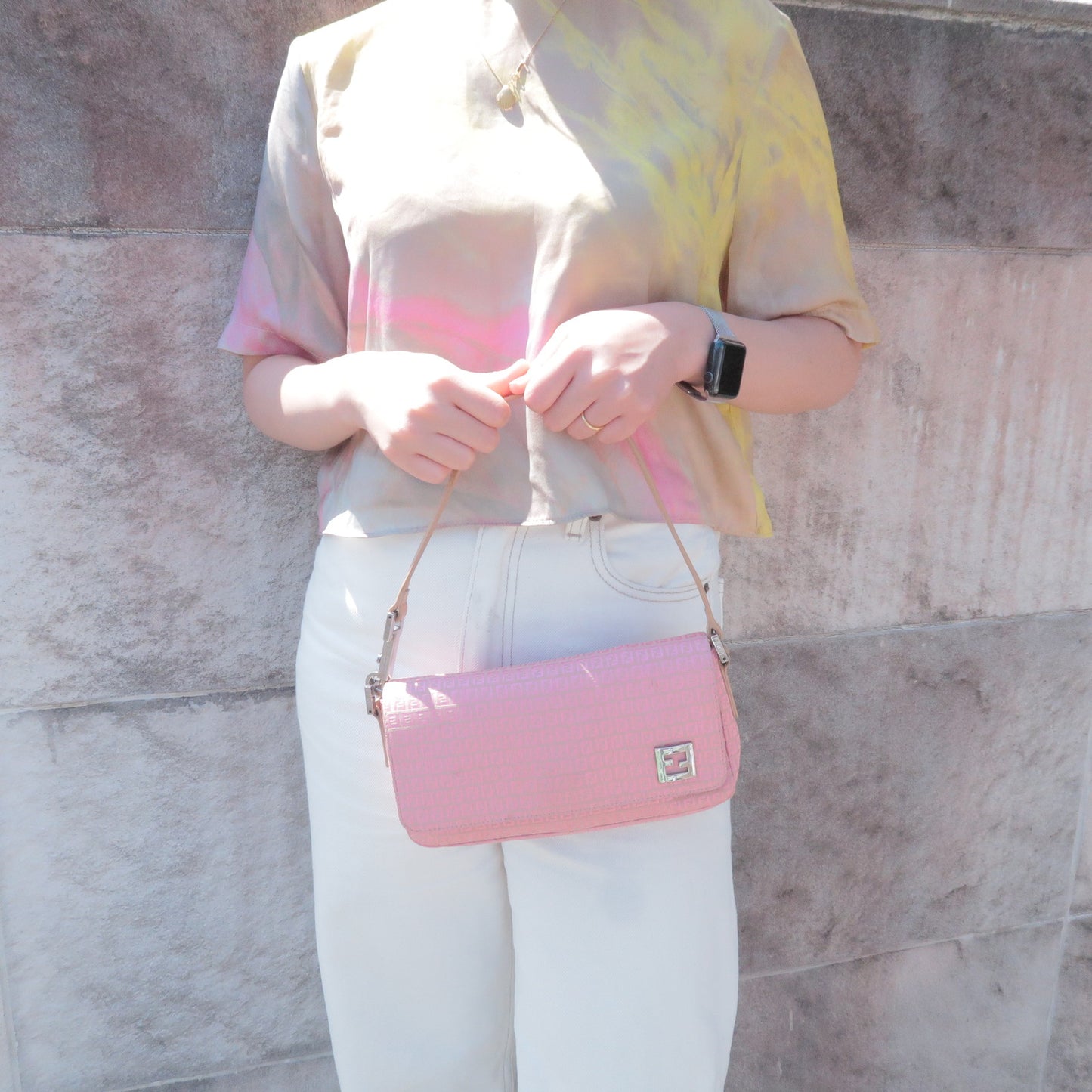 FENDI Mini Zucchino Canvas Leather Shoulder Bag Pink Beige