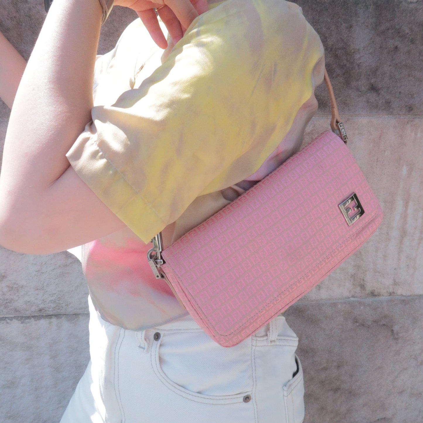 FENDI Mini Zucchino Canvas Leather Shoulder Bag Pink Beige