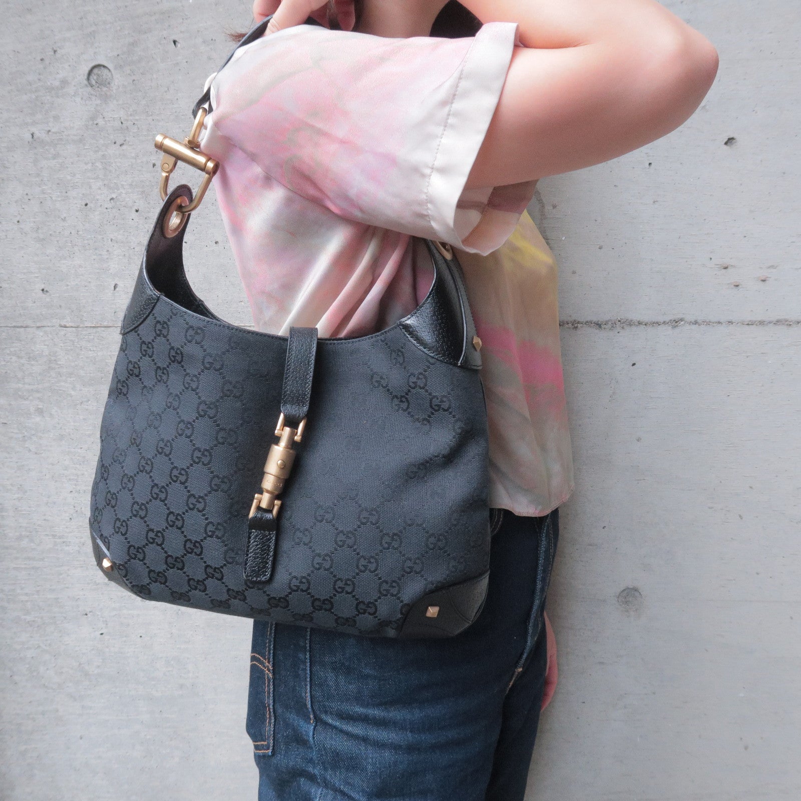 Gucci Jackie Black GG Monogram Canvas Leather Shoulder Bag