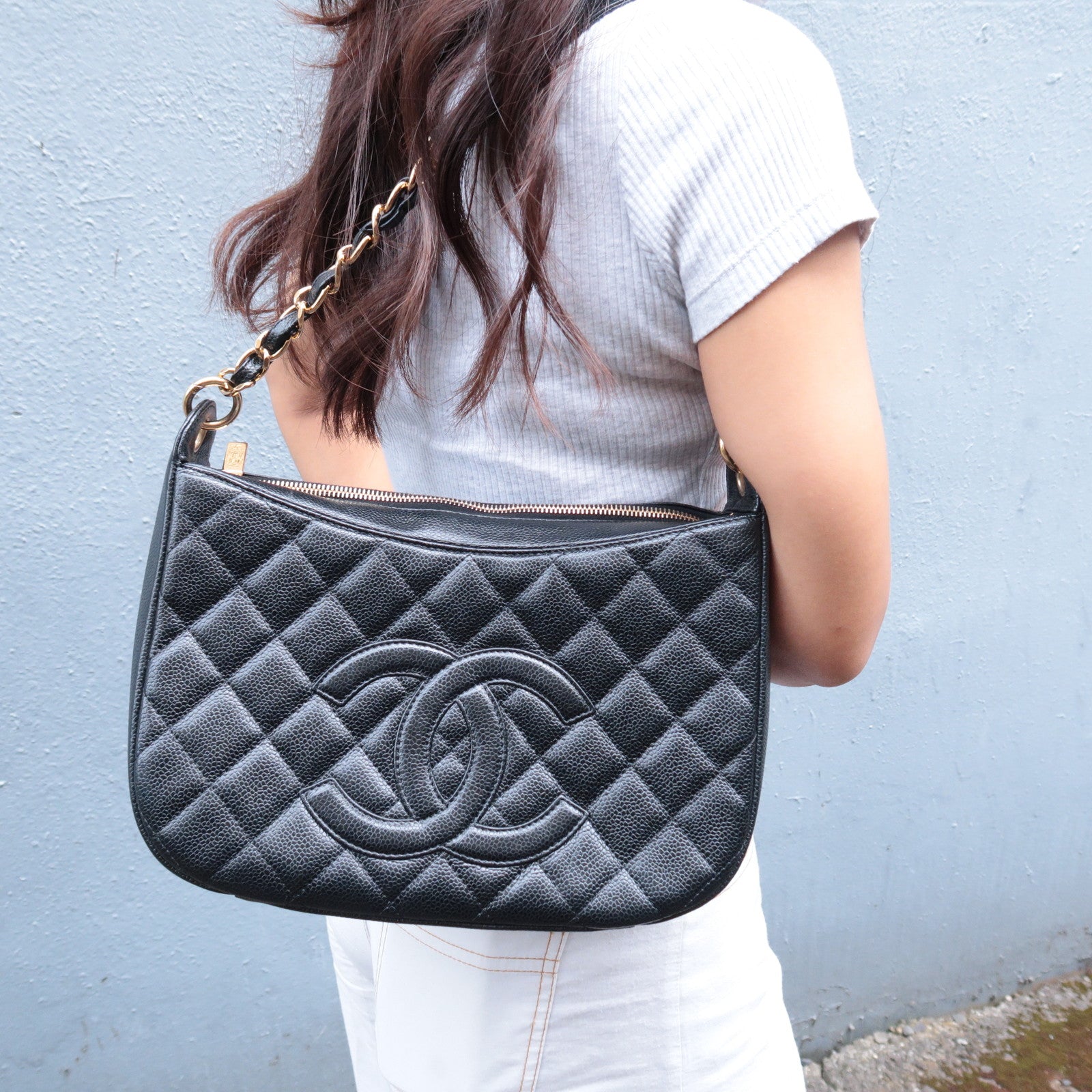 Chanel Shoulder Bag Matelassé Black Patent Leather